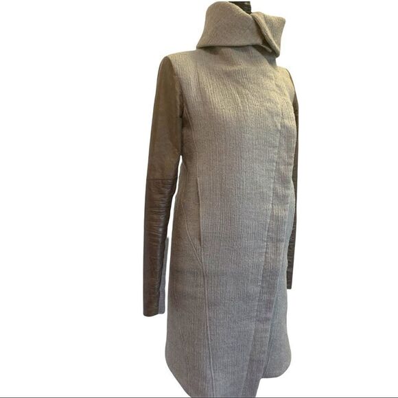 HELMET Lang wool & Lamb Leather brown gray colour block pattern coat Sz XS - Picture 3 of 16